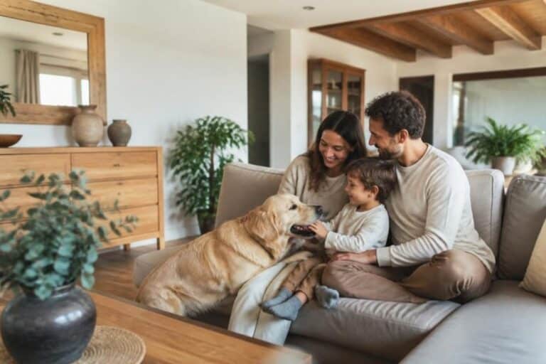 Famiglia serena in casa con mobili in legno protetti dai tarli senza pesticidi