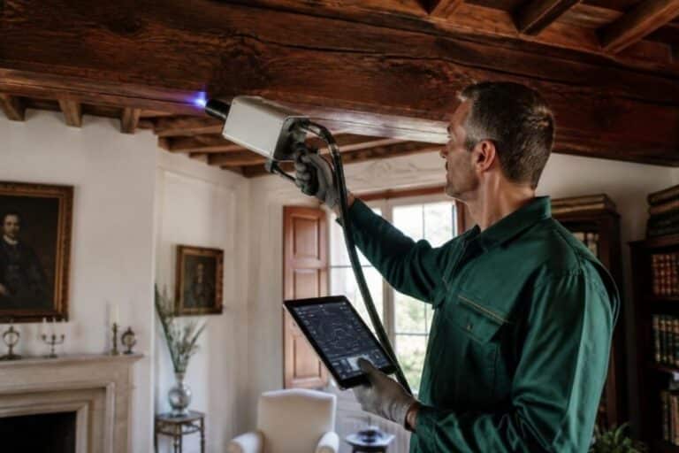 Tecnico Biotarl tratta una trave in legno con la tecnologia a microonde antitarlo